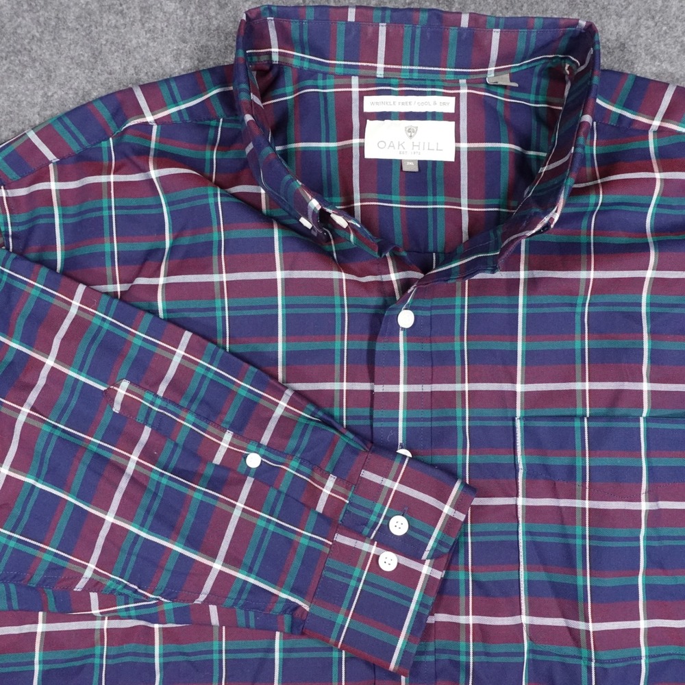 Oak Hill Mens 2XL Plaid Button Down Shirt Navy Burgundy Wrinkle Free Cotton